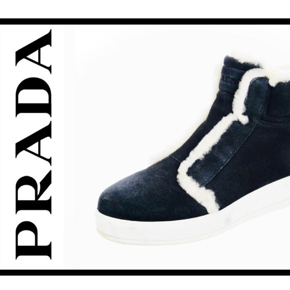 PRADA | 38 / 8 | Linea Rossa Sport Shearling-Trimmed Suede High-Top Sneaker Boot - Picture 2 of 9